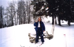 Mom, with hot chocolate, out skiing, Jan. 15, 2000